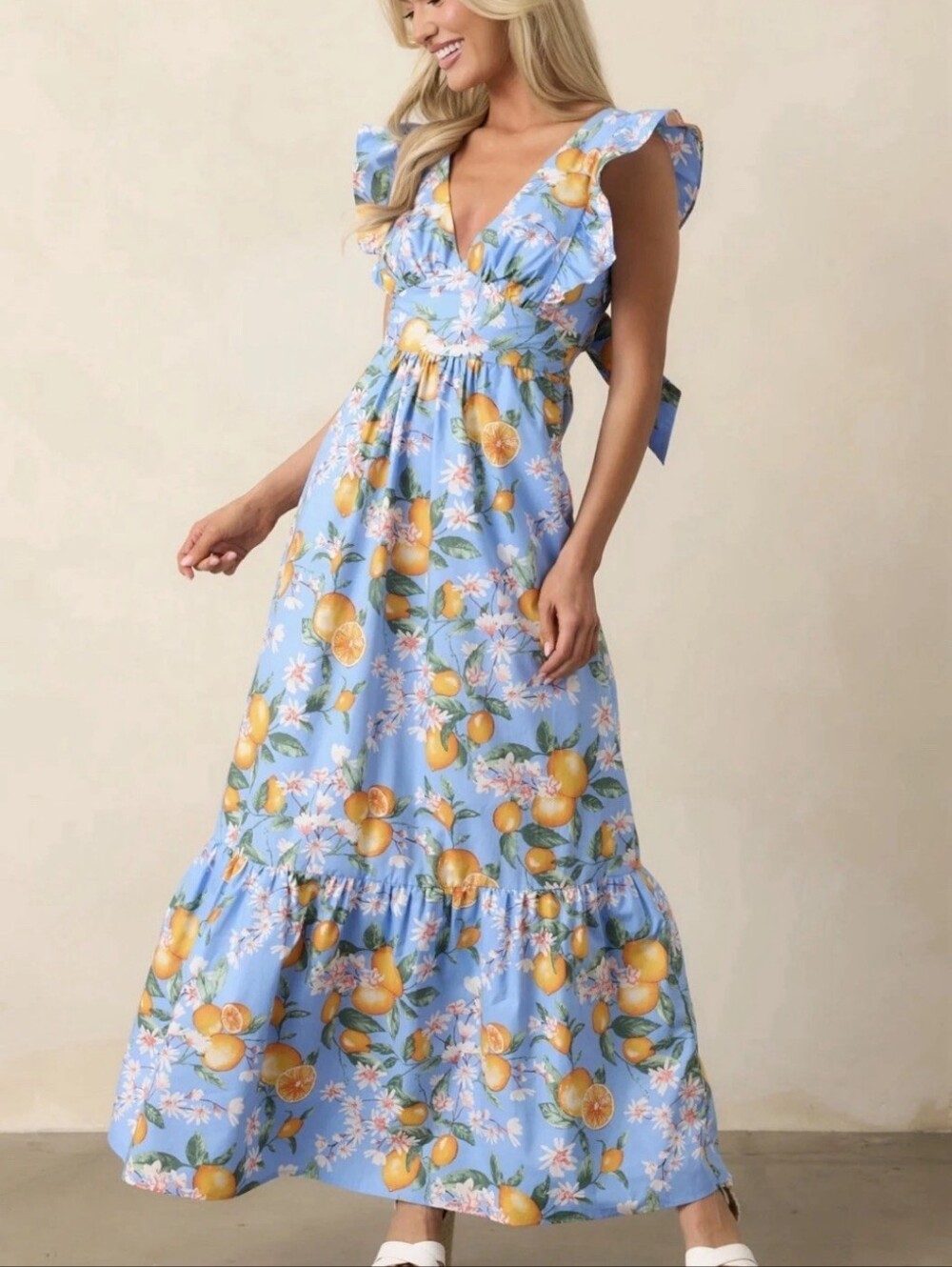 Positano Vibes Cotton Blue Citrus-Print Maxi Dress